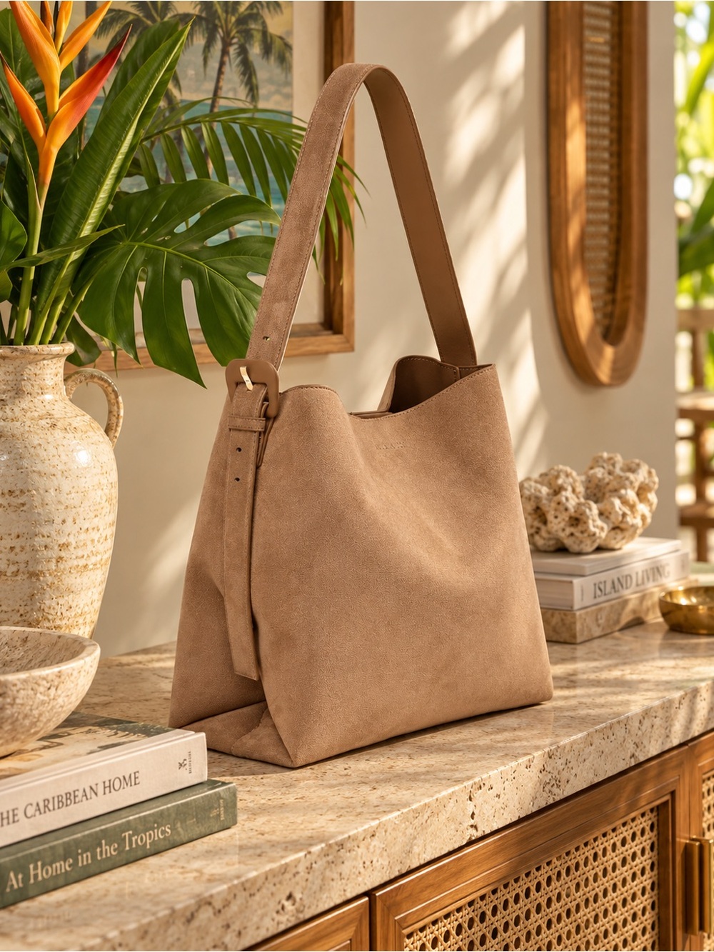 Women's Suede Shoulder Bag in Taupe - Minimal Hobo Tote